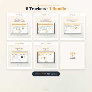 Peut inclure: Graphique numérique présentant un ensemble de cinq trackers Bitcoin pour les investisseurs canadiens. Les trackers sont affichés sur des tablettes, avec des titres tels que "TFSA Tracker" et "RRSP Tracker". L'ensemble est proposé à un prix réduit.