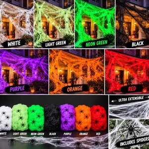 May include: A collection of ultra-extensible Halloween spider web decorations available in white, light green, neon green, black, purple, orange, and red. Each set includes small black plastic spiders to attach to the fibrous, stretchable webbing.