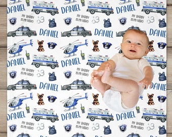 Police Swaddle Blanket, Custom Name Blanket, Personalized Baby Boy Receiving Blanket, Hospital Blanket, Baby Shower Gift, Baby Bedding, Hero