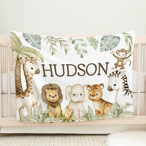 Baby Boy Safari Name Blanket, Personalized Baby Blanket, Safari Animals, Boy Custom Baby Gift, Baby Bedding, Jungle Nursery Decor, Elephant,