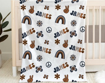 Personalized Baby Boy Retro Groovy Swaddle Blanket, Receiving Blanket, Hospital Blanket, Baby Shower Gift, Baby Bedding, Butterflies Peace,