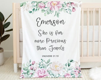 Bible Verse Baby Blanket, Personalized Floral Blanket, She is far more Precious, Scripture Blanket, Religious Baby Gift, Baby Shower Gift,