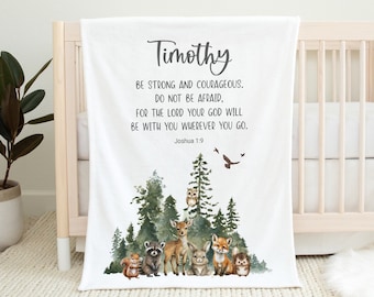 Bible Verse Baby Blanket, Personalized Woodland Blanket, Be Strong and Courageous, Scripture Blanket, Religious Baby Gift, Baby Shower Gift,