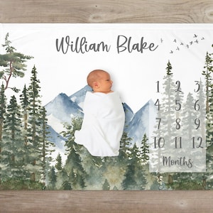 Woodland Milestone Blanket, Mountains, Personalized Baby Blanket, Monthly Growth Tracker, Custom Baby Blanket, Baby Shower Gift, Baby Boy,