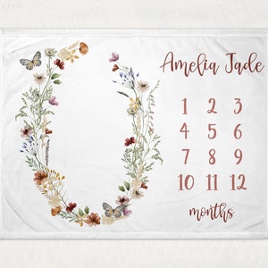 Boho Floral Milestone Blanket, Personalized Baby Blanket, Monthly Growth Tracker, Wildflowers, New Baby Gift, Baby Shower Gift, Baby Girl,