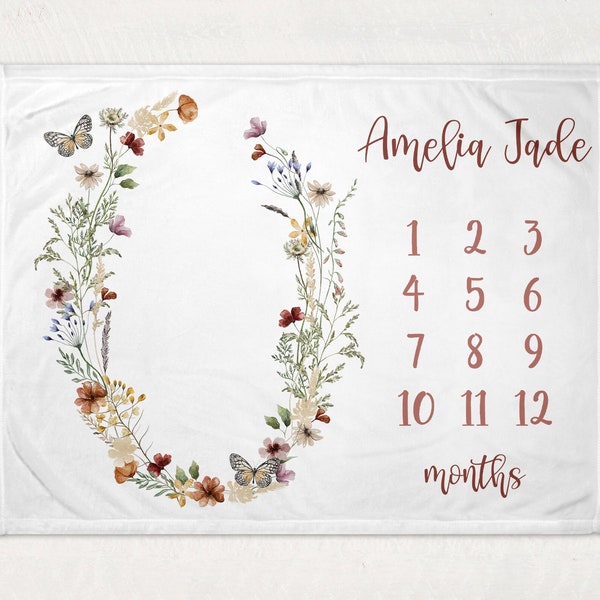 Boho Floral Milestone Blanket, Personalized Baby Blanket, Monthly Growth Tracker, Wildflowers, New Baby Gift, Baby Shower Gift, Baby Girl,