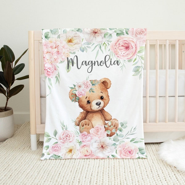 Pink Roses Floral Baby Name Blanket, Personalized Teddy Bear Baby Blanket, Pink Flowers, Baby Girl Baby Gift, Custom Floral Baby Bedding,