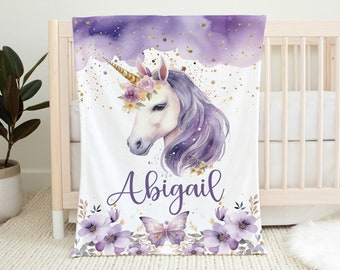 Purple Gold Unicorn Name Blanket, Personalized Baby Girl Butterfly Blanket, Toddler Blanket, Custom Baby Gift, Girl Nursery Bedding, Fairies