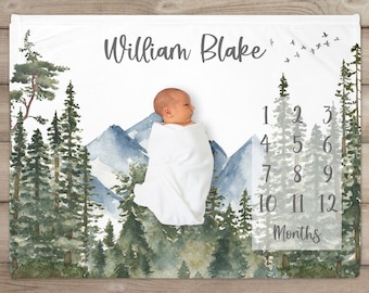 Woodland Milestone Blanket, Mountains, Personalized Baby Blanket, Monthly Growth Tracker, Custom Baby Blanket, Baby Shower Gift, Baby Boy,