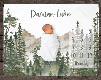 Woodland Milestone Blanket, Mountains, Personalized Baby Blanket, Monthly Growth Tracker, Custom Baby Blanket, Baby Shower Gift, Baby Boy,