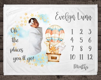 Hot Air Balloon Milestone Blanket, Personalized Baby Blanket, Monthly Growth Tracker, Animals, New Baby Gift, Baby Shower Gift, Baby Girl,