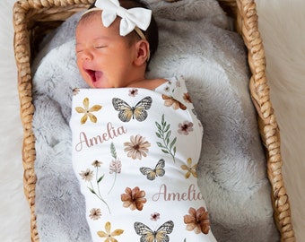 Personalized Baby Girl Boho Wildflowers Butterflies Swaddle Blanket, Receiving Blanket, Hospital Blanket, Baby Shower Gift, Baby Bedding,