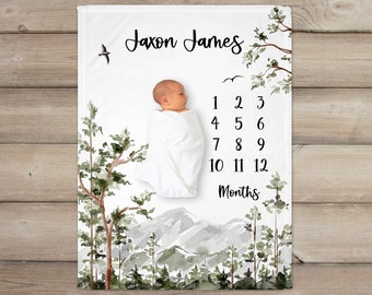 Woodland Milestone Blanket, Mountains, Personalized Baby Blanket, Monthly Growth Tracker, Custom Baby Blanket, Baby Shower Gift, Baby Boy,