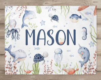 Ocean Name Blanket, Personalized Baby Name Blankets, Sea Animals, Custom Baby Gift, Baby Bedding, Nautical Nursery Decor, Under The Sea,