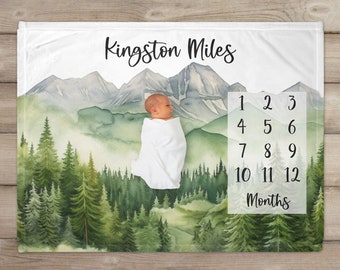 Woodland Milestone Blanket, Mountains, Personalized Baby Blanket, Monthly Growth Tracker, Custom Baby Blanket, Baby Shower Gift, Baby Boy,