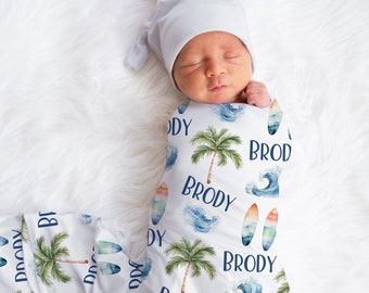 Baby Boy Surfing Swaddle Blanket, Surfboard Name Blanket, Personalized Receiving Blanket, Hospital Blanket, Baby Shower Gift, Keepsake