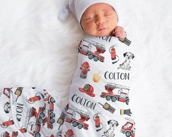 Fire Truck Swaddle Blanket, Personalized Fire Department Baby Swaddle, Custom Name Blanket, Photo Prop For Newborn, Fireman Baby Gift,