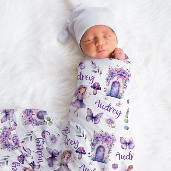 Personalized Purple Fairies Baby Girl Name Blanket, Fairies Butterflies Blanket, Floral Receiving Swaddle Blanket, Baby Gift, Baby Bedding,