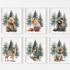 Woodland Nursery Prints, Set of 6, Forest Animals, Watercolor Art, Nursery Wall Decor, Woodland Animals, Baby Animal Prints, Gender Neutral,