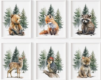 Woodland Nursery Prints, Set of 6, Forest Animals, Watercolor Art, Nursery Wall Decor, Woodland Animals, Baby Animal Prints, Gender Neutral,