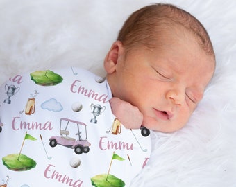 Personalized Baby Girl Golf Swaddle Blanket, Custom Name Blanket, Receiving Blanket, Hospital Blanket, Baby Shower Gift, Baby Bedding,