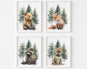 Woodland Nursery Prints, Set of 4, Forest Animals, Watercolor Art, Nursery Wall Decor, Woodland Animals, Baby Animal Prints, Gender Neutral,