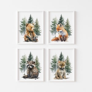 Woodland Nursery Prints, Set of 4, Forest Animals, Watercolor Art, Nursery Wall Decor, Woodland Animals, Baby Animal Prints, Gender Neutral,