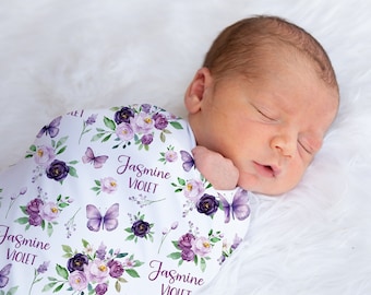 Purple Floral Butterflies Baby Name Swaddle, Baby Girl Blanket, Violet Flowers Receiving Blanket, Baby Shower Gift, Name Blanket, Toddler,