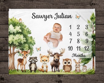 Woodland Animals Milestone Blanket, Personalized Baby Boy Blanket, Monthly Growth Tracker, Forest Animals, New Baby Gift, Baby Shower Gift,