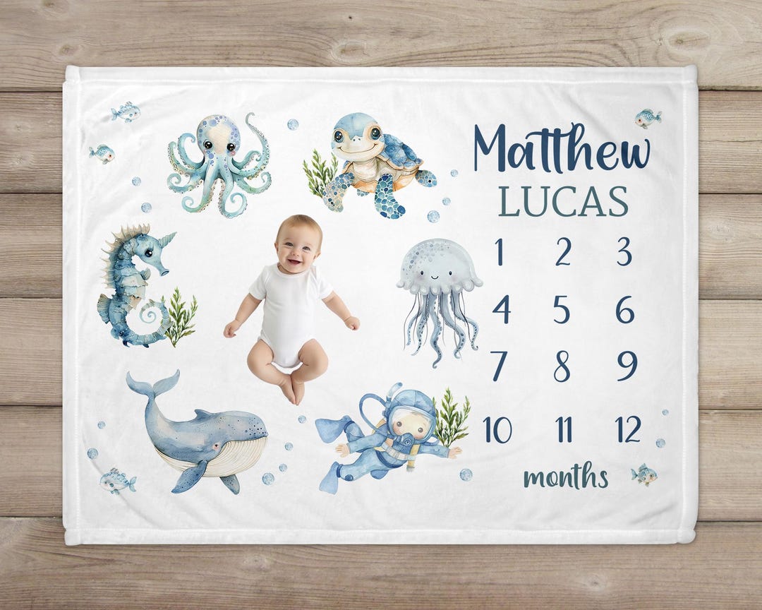 Personalized Baby Boy Ocean Milestone Blanket, Under the Sea Baby Name ...