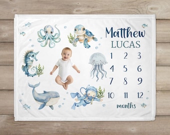Baby Boy Ocean Milestone Blanket, Under the Sea Baby Name Blanket ...