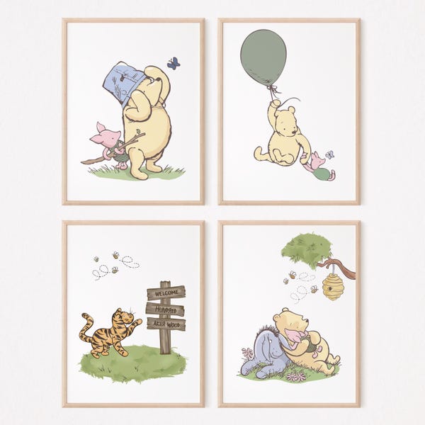 Set of 4 Classic Winnie the Pooh Nursery Wall Art, Vintage Winnie the Pooh Print Nursery Child Kids Decor, Physical Prints, Boy Nursery