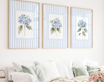 Set of 3 Blue Hydrangea Prints, Grand Millennial Art, Chinoiserie Wall Art, Hydrangea Print, Hydrangea Painting, Botanical Art Blue Stripes,