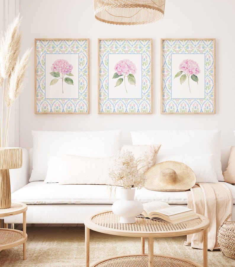 Set of 3 Pink Hydrangea Prints, Chinoiserie Wall Art, Hydrangea Print ...