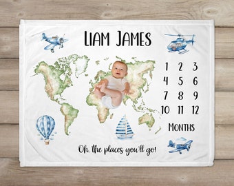 Personalized World Map Milestone Blanket, Newborn Baby Blanket, Adventure Nursery, Baby Shower Gift, Monthly Growth Tracker, New Baby Gift,