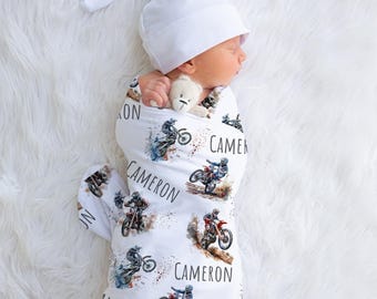 Custom Motocross Baby Name Swaddle, Personalized Baby Boy Dirt Bike Blanket, Baby Shower Gift, Motorcycle Keepsake, New Mom, Newborn Gift,