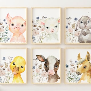 Farm Animal Nursery Prints, Set of 6, Wildflowers, Girl Nursery Farm Animals, Bunny, Lamb, Pig, Cow, Duck, Nursery Decor, Baby Shower Gift,