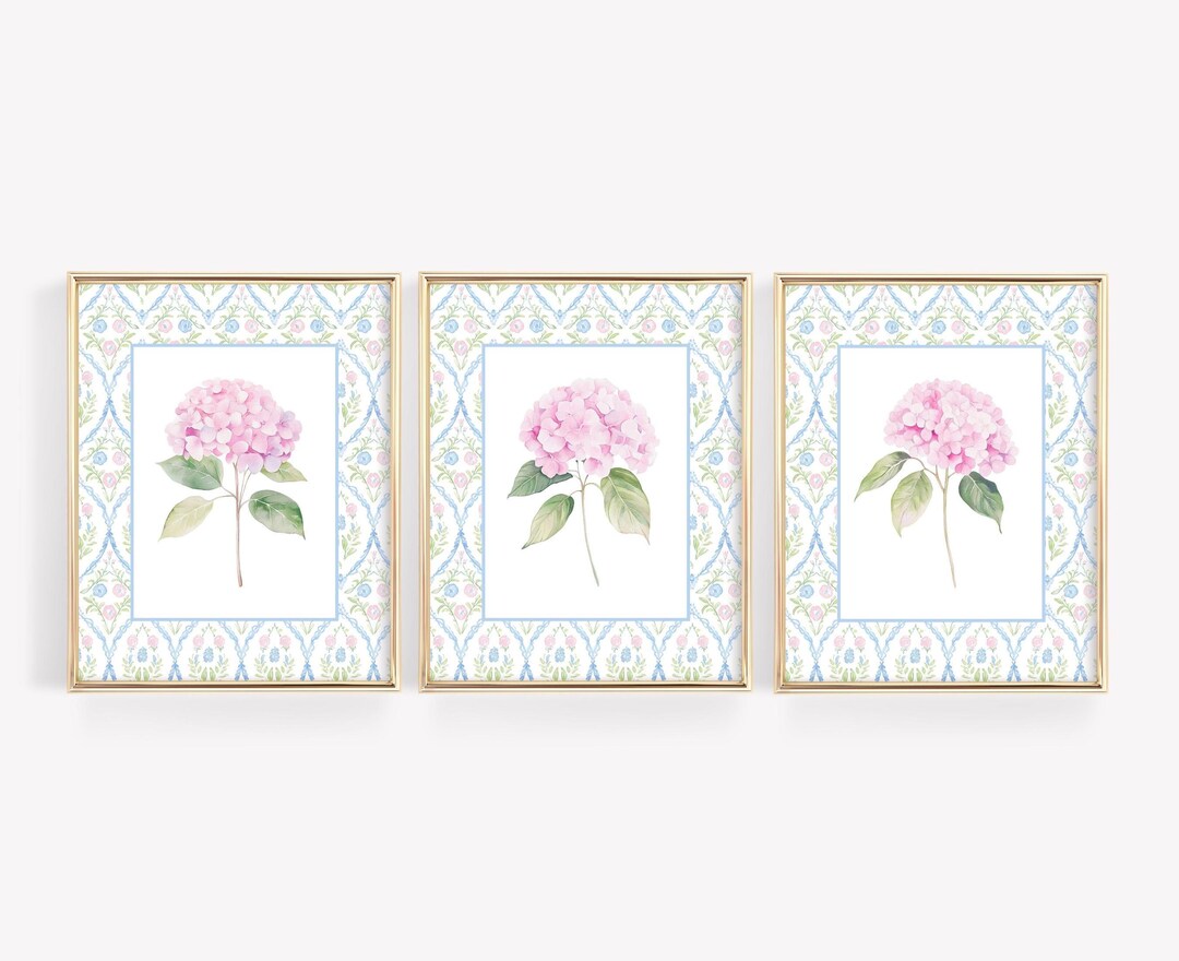 Set of 3 Pink Hydrangea Prints, Chinoiserie Wall Art, Hydrangea Print ...