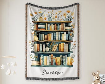 Personalized Book Lovers Woven Blanket, Books and Floral Blanket, Bookshelf Blanket Gift for Bookworm, Gift for Booklover, Throw Blanket