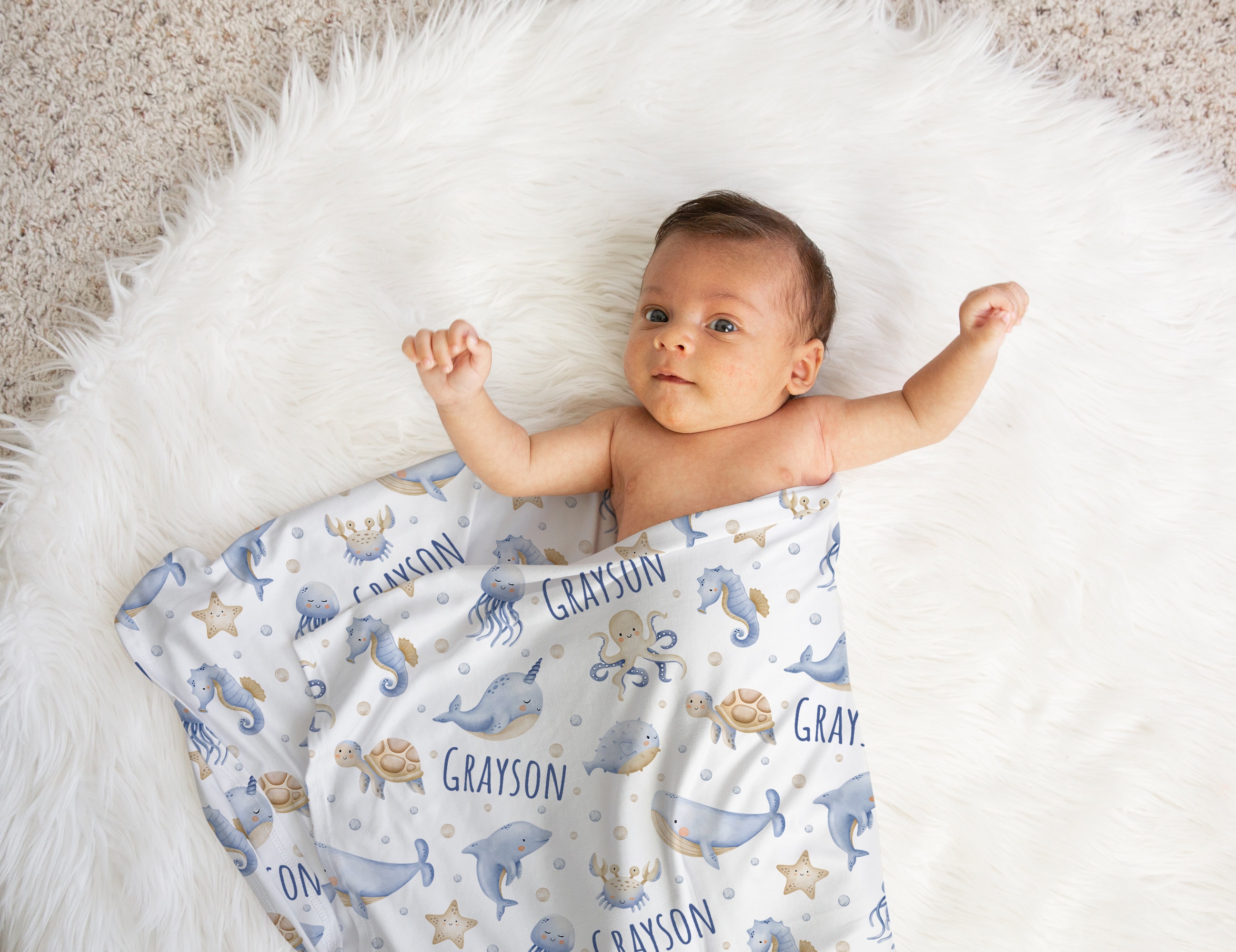 Sea Animals Swaddle Blanket, Ocean Animals Name Blanket, Personalized ...