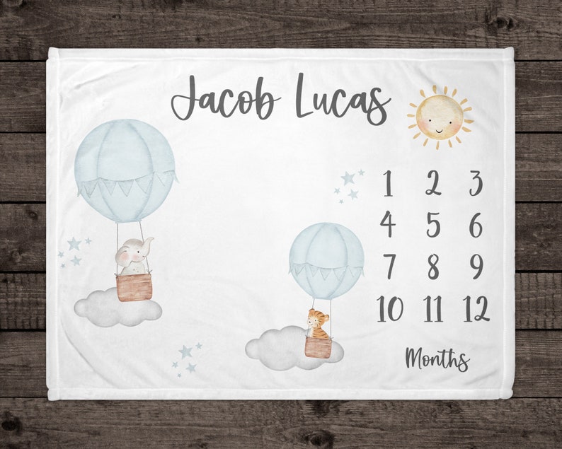 Light Blue Hot Air Balloon Milestone Blanket, Personalized Baby Blanket ...