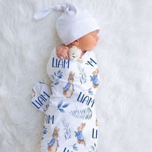 Peter Rabbit Baby Name Swaddle, Blue Greenery Boy Blanket, Personalized Receiving Blanket, Baby Shower Gift, Custom Boy Bedding, Eucalyptus,