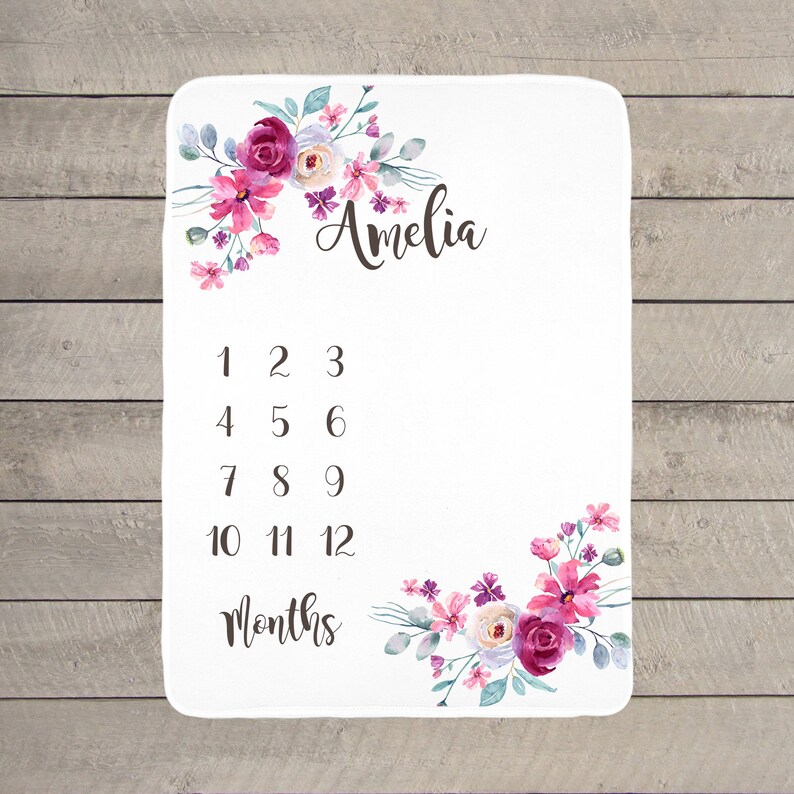Baby Gift Personalized Pink Purple Floral Baby Girl Milestone Blanket Baby Month Blanket Swaddle Blanket Baby Month Growth Tracker