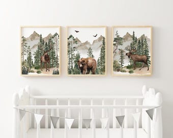 Woodland Animal Prints, Set of 3, Forest Animals, Boy Woodland Nursery Prints, Mountain Prints, Nursery Wall Art, Woodland Nursery Decor,