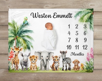 Safari Milestone Blanket, Personalized Baby Blanket, Monthly Growth Tracker, Safari Animals, New Baby Gift, Baby Shower Gift, Baby Boy, Lion