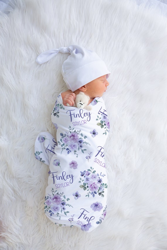 Personalized Baby Girl Purple Floral Swaddle Blanket, Lilac Roses - Main Image