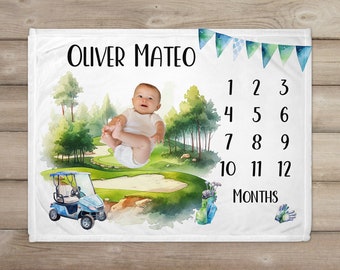 Baby Boy Golf Milestone Blanket, Personalized Baby Boy Name Blanket, Monthly Growth Tracker, Wildflowers, Newborn Gift, Baby Shower Gift,