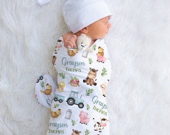 Baby Boy Farm Swaddle Blanket, Custom Name Blanket, Personalized Receiving Blanket, Hospital Blanket, Baby Shower Gift, Baby Boy Bedding,