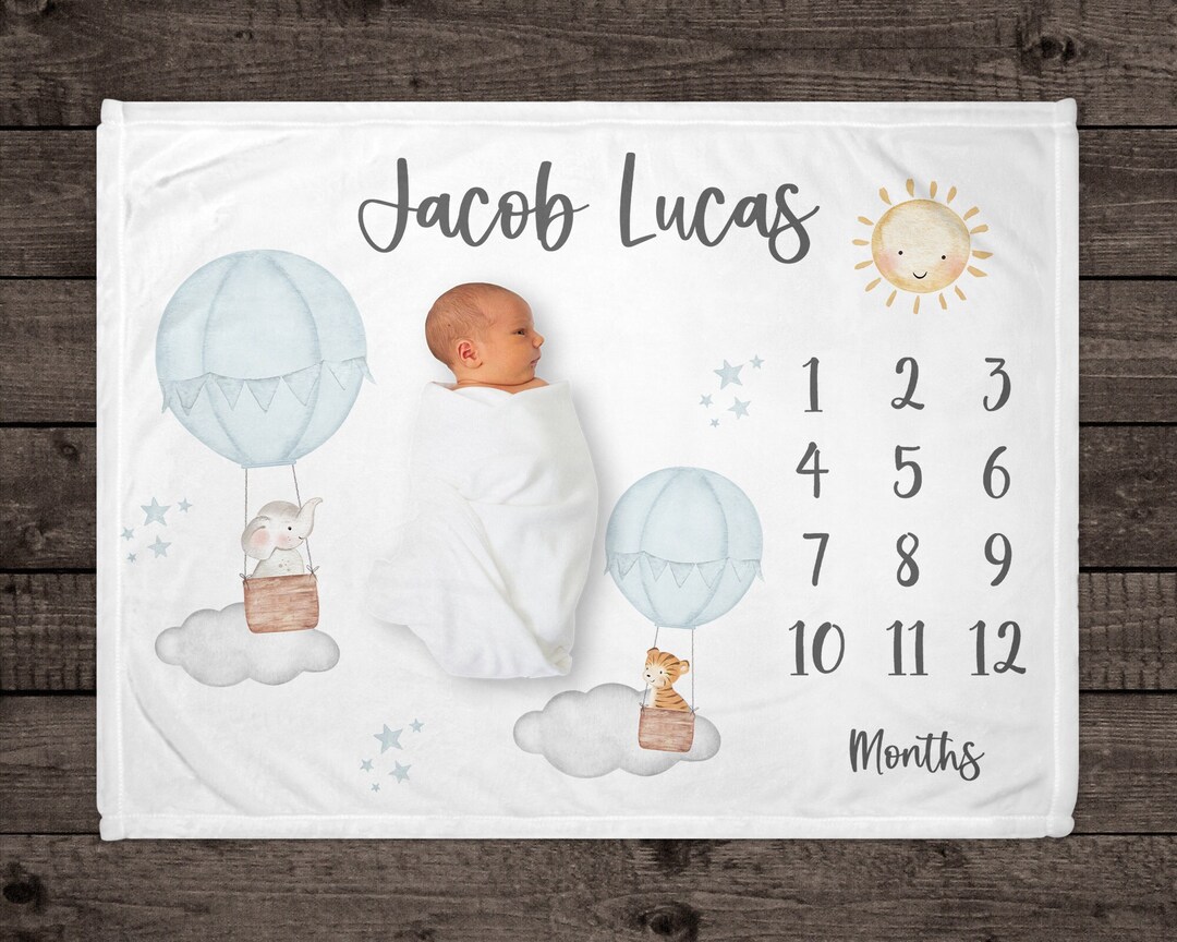 Light Blue Hot Air Balloon Milestone Blanket, Personalized Baby Blanket ...