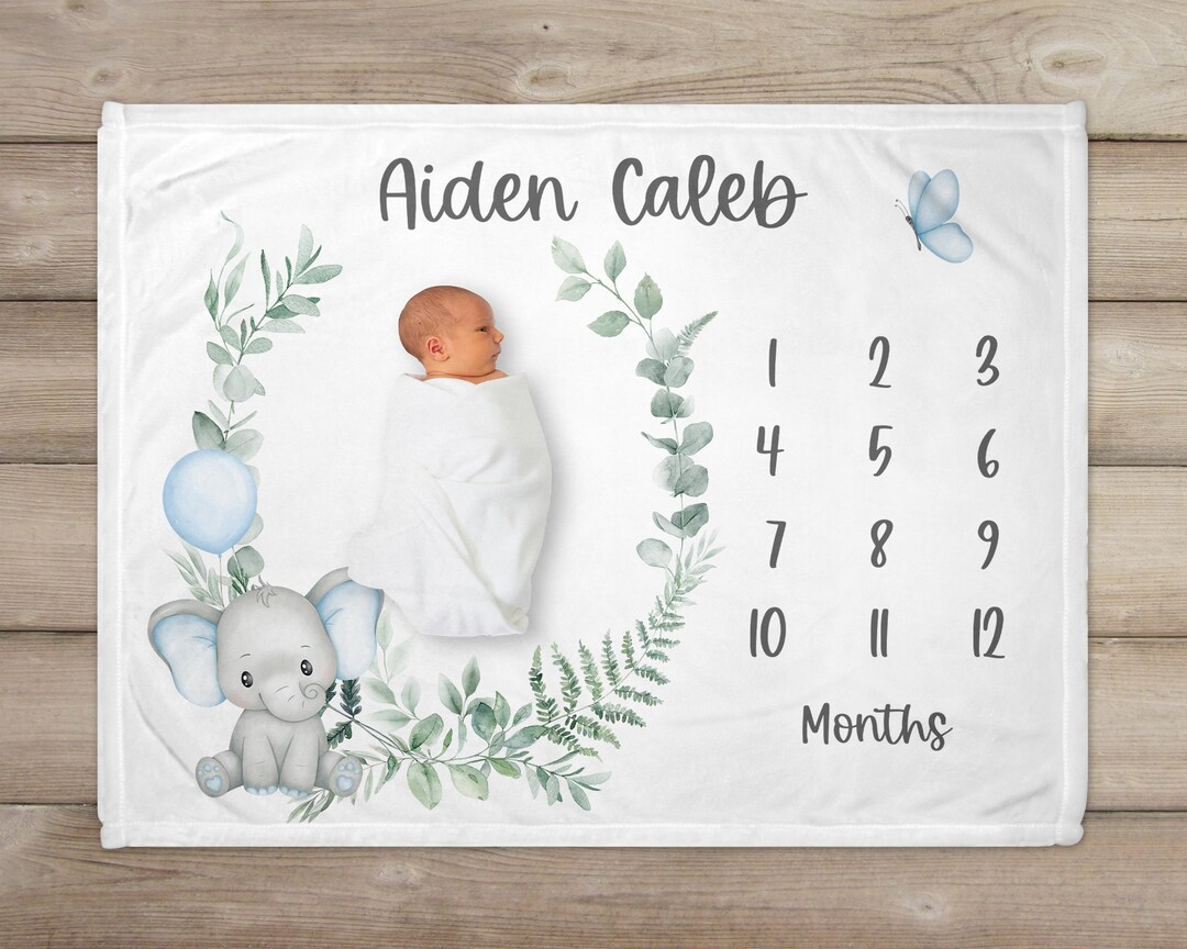Elephant Safari Milestone Blanket, Personalized Baby Blanket, Monthly ...